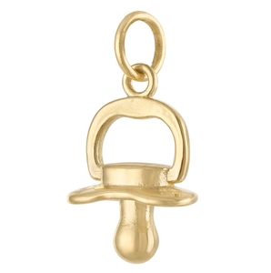 Detailed macro view of an 18K gold-plated pacifier pendant with a high-polish finish