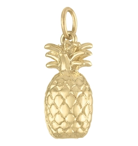 Detailed macro view of an 18K gold plated stainless steel pineapple pendant with carved texture