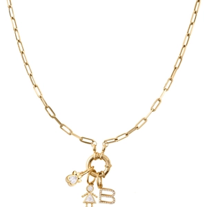 Detail of 18K gold-plated paperclip necklace with heart bear, girl, and B letter charms