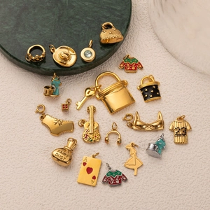 Golden DIY charms set featuring 18K gold-plated mini guitar, key, and poker motifs