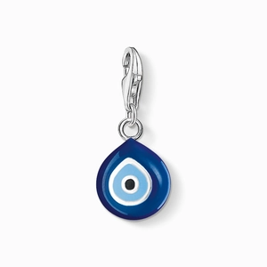 Close-up of teardrop evil eye pendant with blue enamel and stainless steel lobster clasp