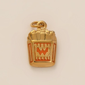Detail of 18K gold-plated french fries pendant with orange enamel and W engraving
