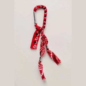 Fashion red and black fabric strap keychain with silver D-ring and metal beads charm