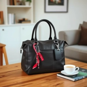 Black lychee leather handbag with a red floral scarf detail on a wooden table