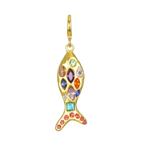 Pendente artistico a forma di pesce con zirconi multicolori e finitura dorata