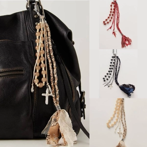 Boho Copper Bead Fabric Tassel Cross Pendant Bag Charm Vintage Ethnic Paisley Print Keychain For Women Handbag Accessories
