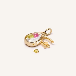 Colgante corazón dorado con piedras preciosas de colores y dije de elefante pequeño