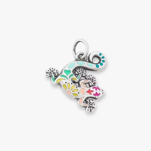 Macro view of colorful enamel gecko charm in 18K gold plated stainless steel