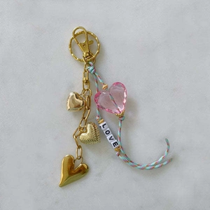 Chic 14K gold plated heart keychain with pink crystal and colorful LOVE alphabet beads