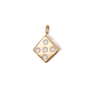 Detail of 18K gold-plated stainless steel dice pendant with white circular dot inlays