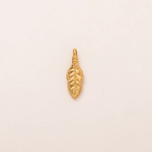 Detail showing high-polished 18K gold-plated leaf pendant with fine vein texture