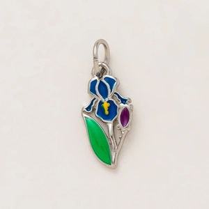 Exquisite iris flower pendant with blue and purple enamel on a polished silver metal base