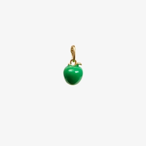 Macro shot of a mini green apple charm with a gold leaf and polished metallic bail