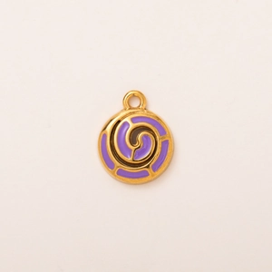 Detail of 18K gold plated round pendant with purple enamel spiral design and top ring
