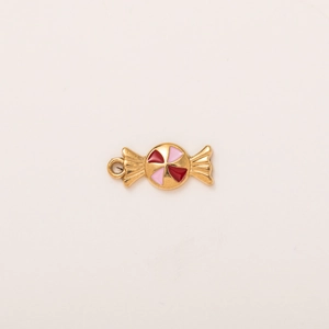 Golden candy-shaped stainless steel pendant with red and pink enamel in 18K gold plating