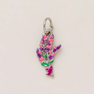 Macro view of lavender pendant with pink bow and 18K gold-plated stainless steel base