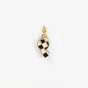 Close-up of gold-plated horseshoe pendant with black and white checkered enamel detail