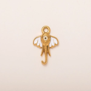 Golden elephant head pendant with evil eye detail and white enamel for DIY jewelry making