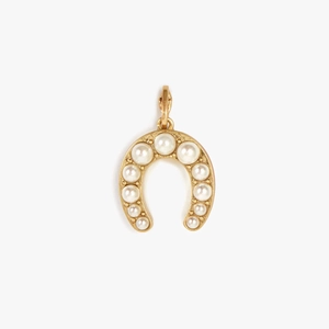 Detailed macro of a horseshoe pendant with gold plating and gradient white pearls