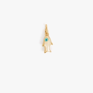 Detail of cream enamel fish charm with blue evil eye element and gold plated finish