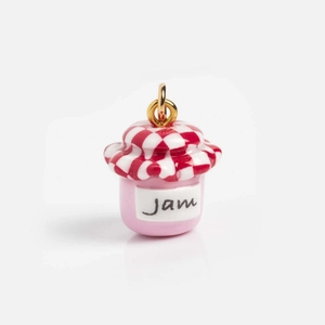 Detail of pink jam jar pendant with red checkered lid and golden DIY loop