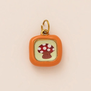 Square orange mushroom charm with gold loop in stainless steel fruit jewelry