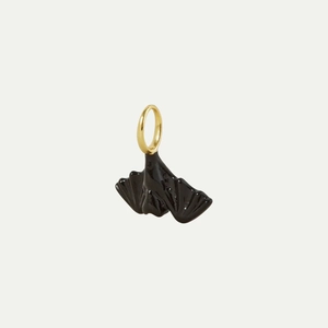 Detailed view of a black enamel bat pendant with 18K gold plated ring for necklaces