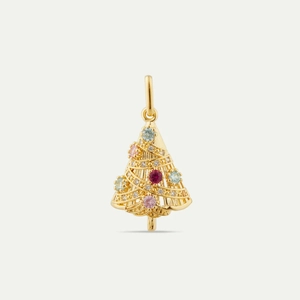 Detail of Christmas tree pendant with 18K gold finish and colorful gemstones