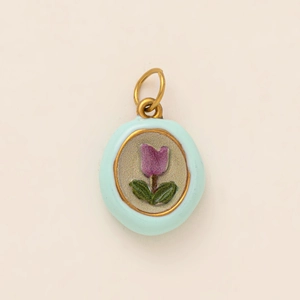 Vintage enamel pendant with purple tulip design in light blue ring for jewelry making