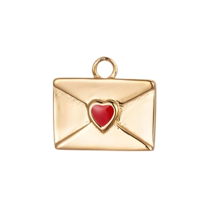 Macro view of a gold 18K plated envelope pendant with a red enamel heart detail