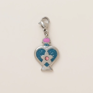 Silver-plated heart potion bottle pendant with blue glitter and pink crystal accent