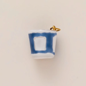 Miniature blue hand-painted ceramic cup pendant with 18K gold plated ring charm