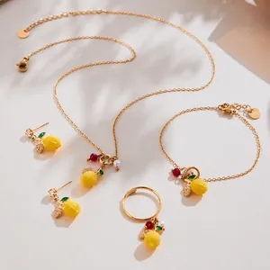 Stainless Steel Lemon Jewelry Set Yellow Resin Fruit Zircon Imitation Artificial Pearl Necklace Earrings Bracelet Ring For Women