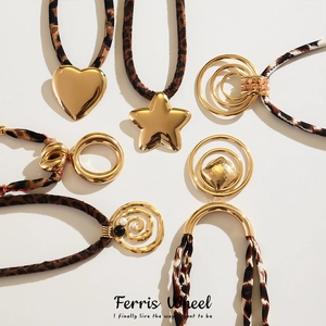Stainless Steel Gold Geometric Pendant Necklace With Leopard Print Satin Scarf Bohemian Exaggerated Jewelry For Women