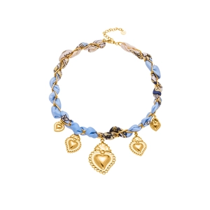 Vintage stainless steel necklace with blue silk scarf weaving and five heart charms