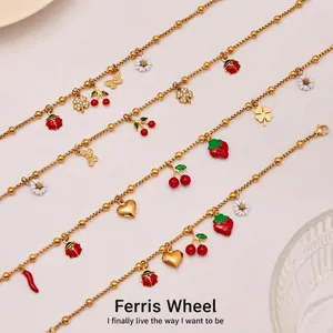 Bohemian Stainless Steel Jewelry Set For Women Gold Silver Plated Enamel Cherry Strawberry Ladybug Chili Heart Zircon Necklace Bracelet Ring