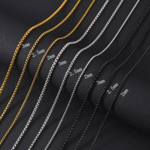 Stainless steel box chains in gold, silver, and black finishes with 2mm to 3mm widths