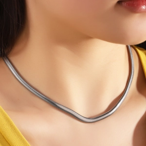 Sleek stainless steel flat snake chain necklace with a reflective silver mirror finish
