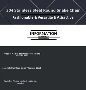 Detailed specifications chart for stainless steel round snake chain made of 304 titanium steel