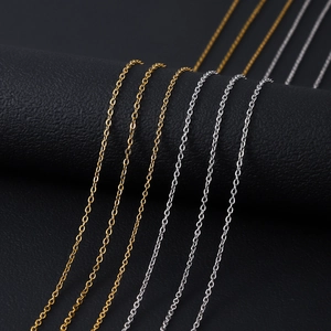 Macro detail of thin stainless steel cross chains in polished gold and silver finishes