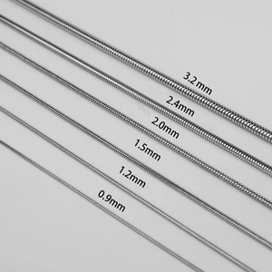 Detail view of round snake chains in various thicknesses from 0.9mm to 3.2mm in steel