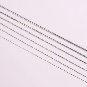 Detail view of silver snake bone chains in six different thicknesses for jewelry DIY