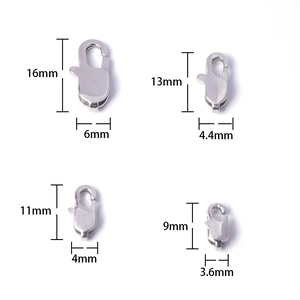 Detailed size chart of four stainless steel lobster clasps for jewelry making DIY