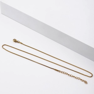 Gros plan sur un collier chaîne box dorée en acier inoxydable avec fermoir mousqueton