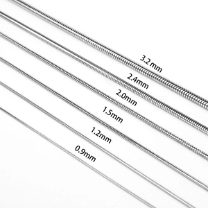 Polished stainless steel snake chain necklaces in various diameters from 0.9mm to 3.2mm