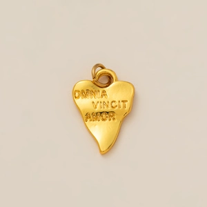 Detail of 18K gold heart pendant with Omnia Vincit Amor engraving and metal ring