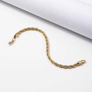 18K gold plated stainless steel twist rope chain bracelet with lobster clasp for women and men