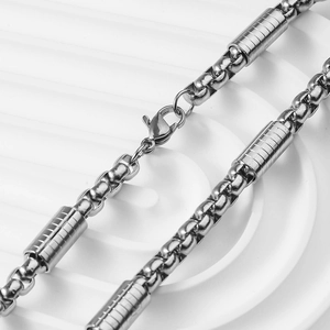 Polished stainless steel square pearl chain necklace with cylindrical textured beads