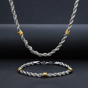Joyería de Cadena de Cuerda de Acero Inoxidable Oro Plata Bicolor Minimalista Conjunto de Collar Pulsera para Hombre Mujer Hip Hop Joyería Urbana
