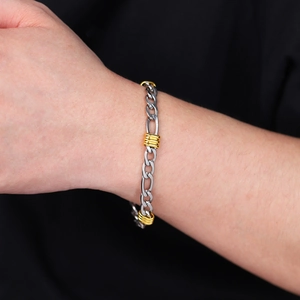 Polished Figaro chain bracelet with gold-toned textured beads for men and women